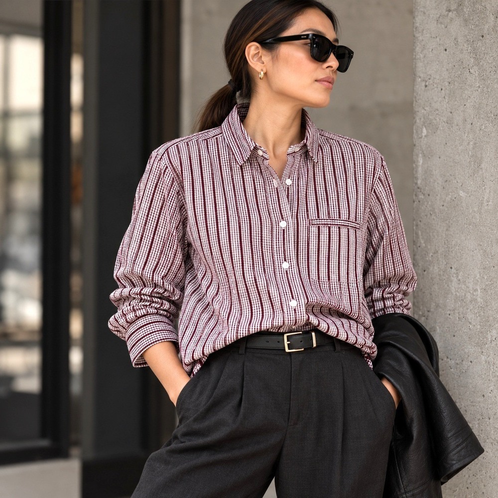 Wildfang Burgundy Gingham Textured Stripe Button Up Shirt Womens Large